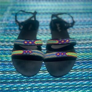 Free People Embroidered Two Strap Skinny Ankle Buckle Flat Sandals Black 40/9.5